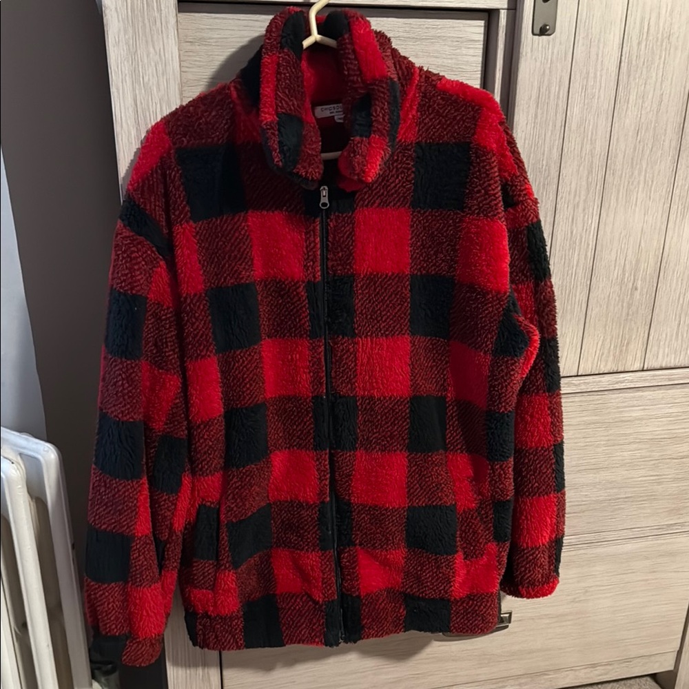 Chic Soul Red and Black Teddy Jacket Cozy Fleece High Collar